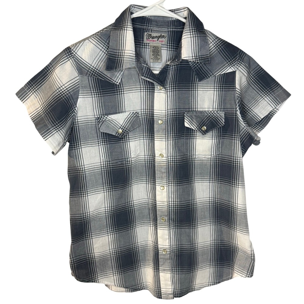 Wrangler Wrancher Western Shirt Womens M Pearl Snap Navy Blue Plaid LWR427S